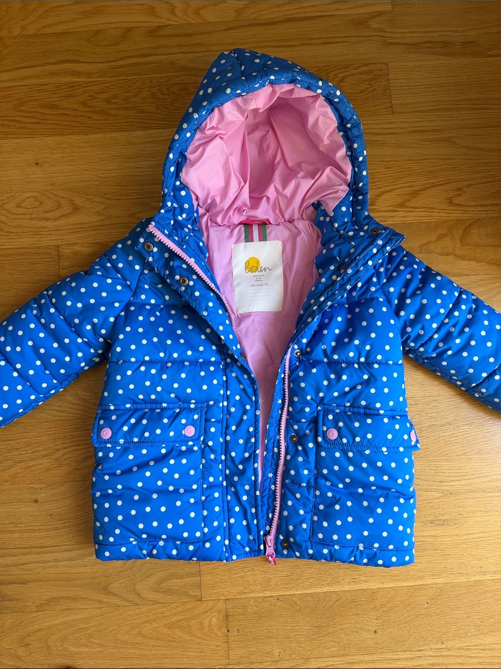 Mini Boden Blue and White Polka Dot Puffer Jacket with Pink Hood Lining